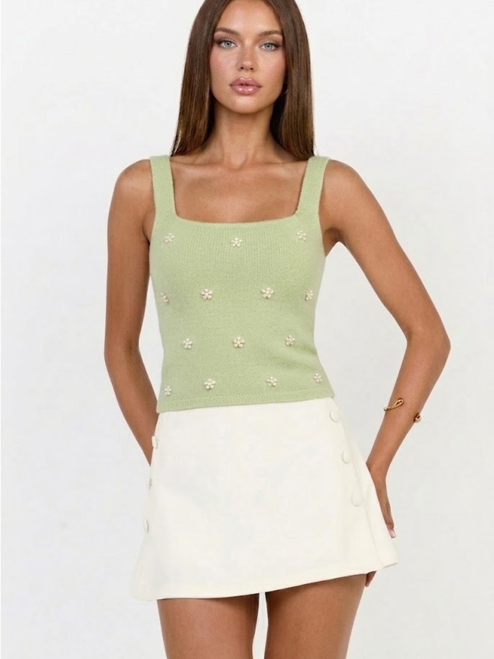 Hem & Thread Light Green Square-Neck Floral Appliqué Knit Tank